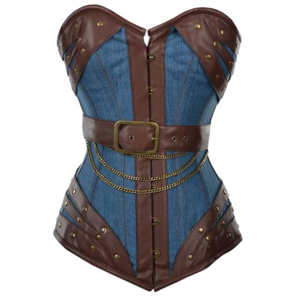Women Overbust Denim Corset Brown Faux Leather Vintage Denim Overbust Corset For Sale