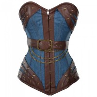 Women Overbust Denim Corset Brown Faux Leather