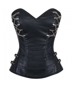 Women Bondage Leather Corset Steel Boned Chains Overbust Corset Top