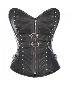 Women Genuine Leather Buckle Overbust Corset Heavy Duty Steel Boned