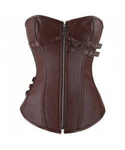 Women Brown Leather Overbust Dress Corset
