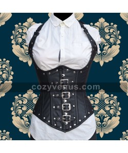 Black Genuine Leather Buckle Corset | Sexy Girl Underbust Steel Bone Bondage Corset