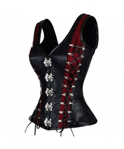Women Shoulder Straps Overbust Leather Mesh Corset