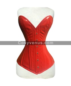 Women Mid Bust Red Vinyl Waist Tanning Corset