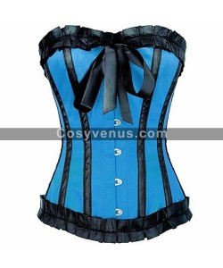 Women Blue Satin Black Frill Over Bust Corset
