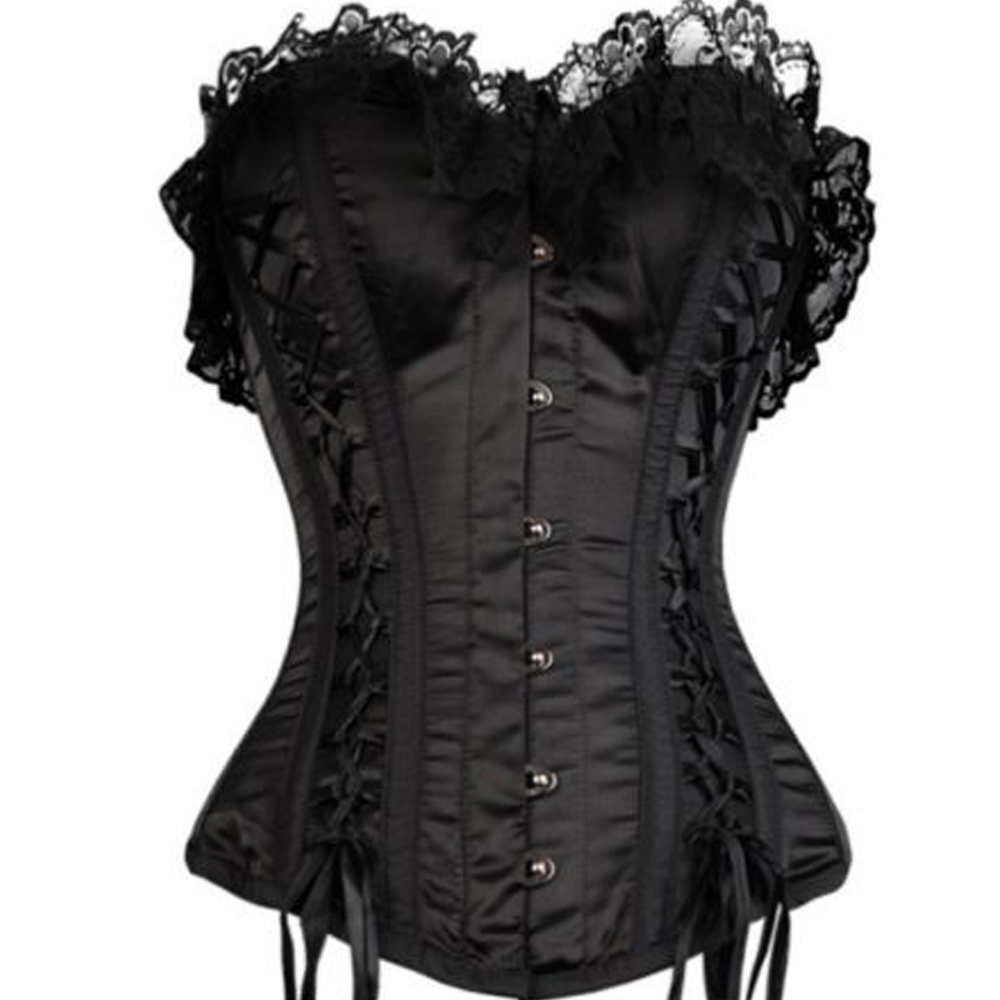 Black Satin Frill Lace Gothic Corset Instant Shape Corset 