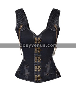 Sexy Women Steampunk Leather Shoulder Corset Heavy Duty Steel Boned