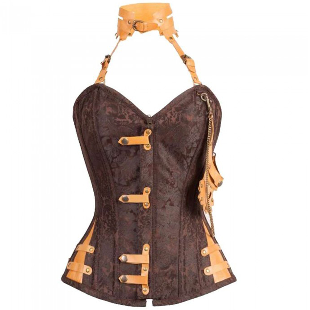 Women Steampunk Brown Corset Neck Gears Heavy Duty Steel Boned Women Steampunk Brown Corset Neck Gears Heavy Duty Steel Boned