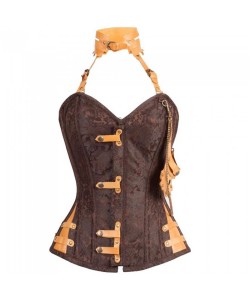 Women Steampunk Brown Corset Neck Gears Heavy Duty Steel Boned