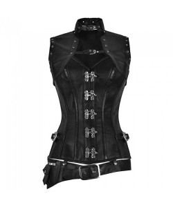 Women Steampunk Overbust Shoulder Leather Corset